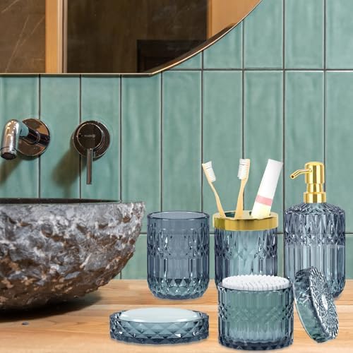 Blue Bathroom Accessories Set - 5PCS Clear Glass Bathroom Accessory Set (Toothbrush Holders, Soap Dispenser, Soap Dish, Tumbler, Cotton Swab Jar), Countertop Vanity Organizer Modern Decor Vintage Gift - Image 4