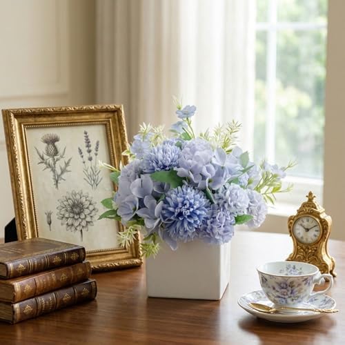 TKAS Fake Flowers Arrangement in Ceramic Vase, Artificial Faux Silk Hydrangea, Small Realistic Dried-Style Floral Centerpiece for Dining Table, Wedding Party Home Decoration (Blue) - Image 5
