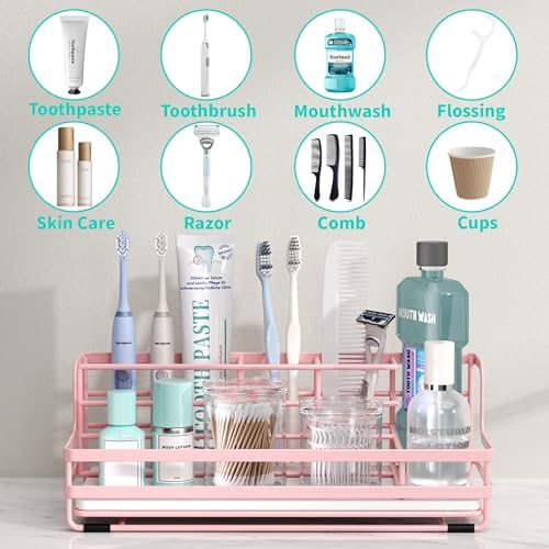 HapiRm Toothbrush Holders for Bathroom - 5 Partitions Bathroom Counter Organizer with Instant Drying Stone, Stainless Steel Countertop Storage Electric Toothbrush Toothpaste Holder - Pink - Image 2