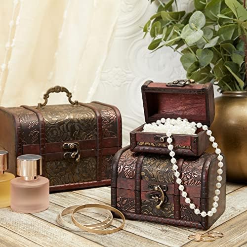Juvale Wooden Treasure Chest Set - 3 Nesting Boxes, Brown Floral - Decorative Storage & Jewelry Box with Hinged Lid, Vintage Antique Decor - Image 2
