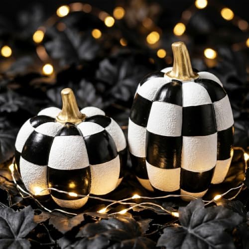 Black and White Checkered Pumpkins with Gold Stem for Halloween Decor - Image 3