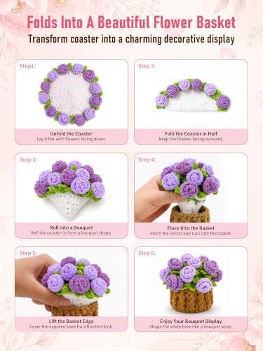 Crochet Flower Bouquet Coasters, Cotton Rose Gifts for Home Decor 4Pcs - Image 3