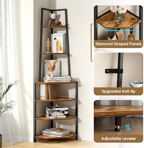 VECELO 6 Tier Corner Shelf 69 Inch Industrial Bookshelf with Metal Frame, Multipurpose Tall Plant Stand with Opening Display Shelves for Living Room, Bedroom, Home Office, Small Space, Brown - Image 6