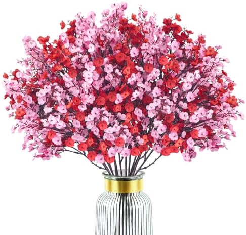 Uieke 6 Pcs Valentine’s Day Artificial Baby’s Breath Flowers, Red Pink Faux Gypsophila Bouquets Real Touch Silk Fake Flowers for Romantic Wedding, Anniversary, Party, Home Table Centerpiece Décor by Uieke