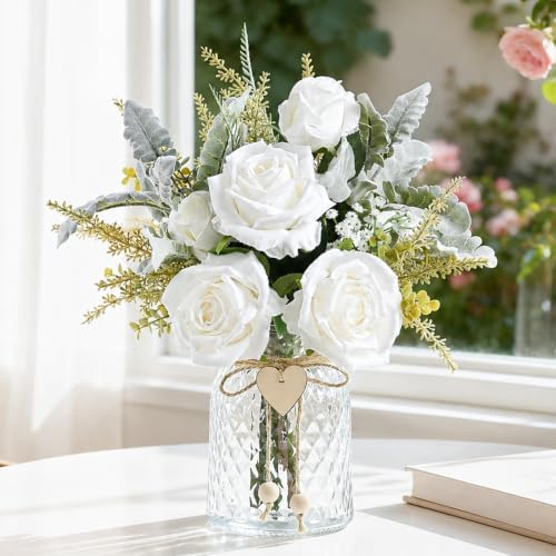 Fake Flowers in Vase, White Rosea Artificial Flowers Arrangement by FLEURIFI