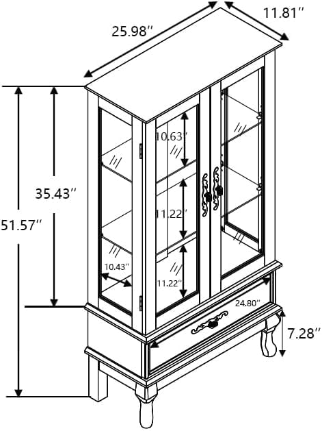 Curio Cabinet with Lighted, Tall Leg Glass Door Antique Cabinet with 1 Drawer - Image 2
