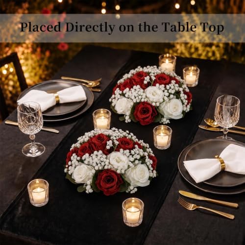 BLOSMON Fake Flowers Ball Wedding Centerpieces 10 Pcs Crimson Rose Babys Breath Artificial Flowers Center Pieces Decoration for Table Silk Kissing Floral Bouquet Arrangements for Home Party DIY Decor - Image 4