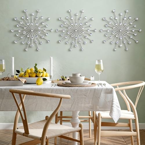 ZEXUIRU 3 Set Silver Starburst Wall Art for Home Decor Metal Bling Crystal Rhinestones Sunburst Wall Decor Sparkling Rhinestone Art Accent Silver - 18in - Image 2