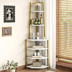 VECELO 6 Tier Corner Shelf 69 Inch Industrial Bookshelf with Metal Frame, Multipurpose Tall Plant Stand with Opening Display Shelves for Living Room, Bedroom, Home Office, Small Space, Gold by VECELO