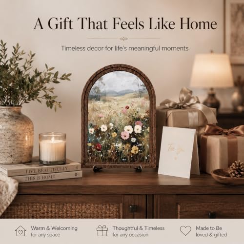 Rustic Farmhouse Tabletop Decor Sign, Arched Wooden Frame with Stand, Soft Wildflower Meadow Art for Living Room Dining Room Bedroom, Warm Gift for Friends - Image 5