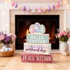 Easter Decorations - Easter Eggs Patchwork Tiered Tray Decor - Wooden Easter Tabletop Sign - Rustic Farmhouse Spring Home Decor Indoor for Tiered Tray Shelf Mantel Entryway Coffee Table - Spring Home Decor for Living Room, Kitchen Counter - Image 5