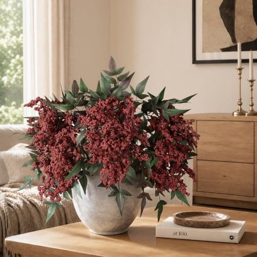 Artificial Flowers 35 Inch Artificial Nandina Berry Stem 3 Pcs Faux Flowers for Vase Realistic Sedum Spray for DIY Bouquet, Shower, Farmhouse, Mantel, Home Decor(Burgundy) - Image 5