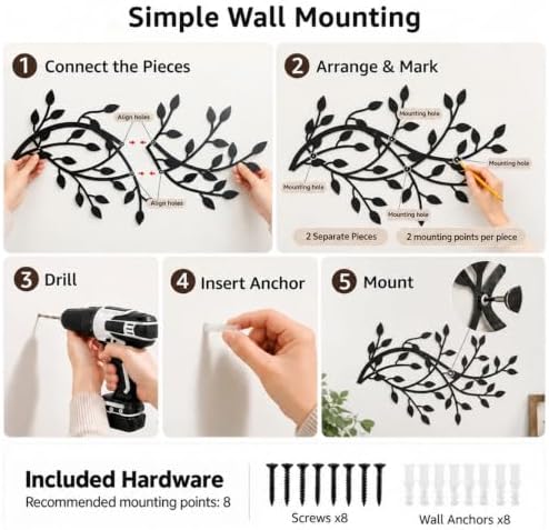 Meltset Metal Tree Leaf Wall Decor, Vine Olive Leaf Branch Wall Art, Black Metal Art, Wrought Iron Scroll Wall Decor, Decorative Wall Sculpture Above Bed, Living Room,Bathroom,Indoor Outdoor(L/Black) - Image 4