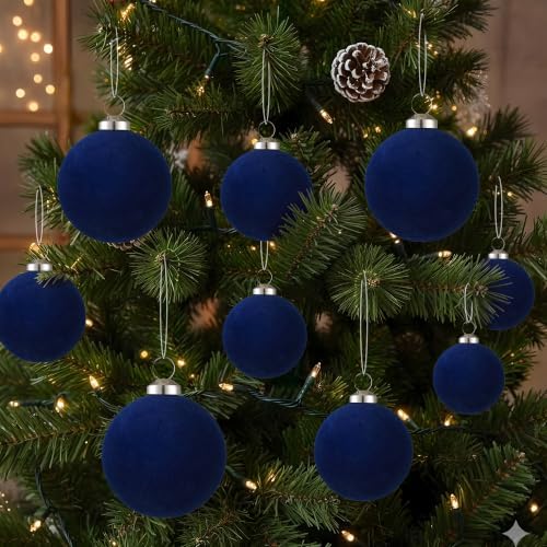 46Pcs Velvet Christmas Ball Ornaments Set - Flocked Shatterproof Christmas Tree Decorations Classic Hanging Ornaments with Rope for Xmas Wreath Holiday Home Decor (Multi-Size, Blue) - Image 5