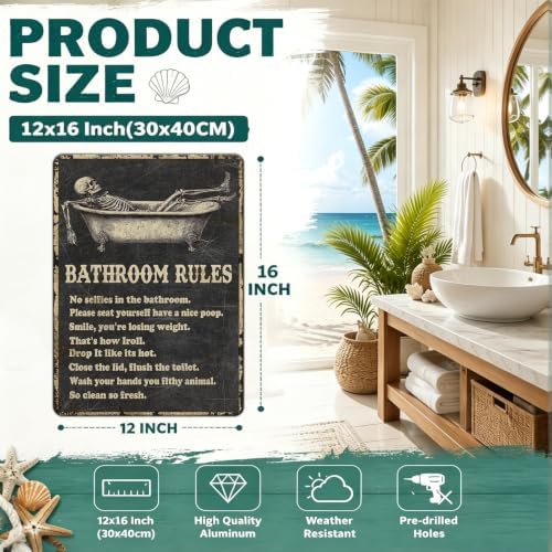 Funny Skull Bathroom Rules Metal Tin Sign Wall Decor - Vintage Bathroom Quote Tin Sign for Toilet Restroom Washroom Home Decor 12x16 Inch - Image 2