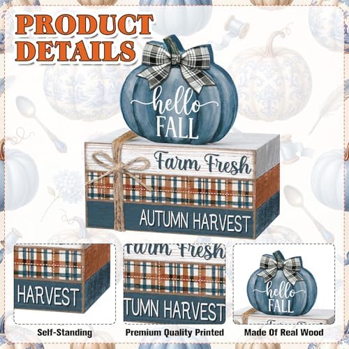 Geelin 4 Pcs Blue and White Pumpkin Fall Decor, Vintage Fall Table Decor with Wooden Book Stack and Plaid Accents, Farmhouse Decorations for Tiered Tray Shelf Coffee Bar - Image 4