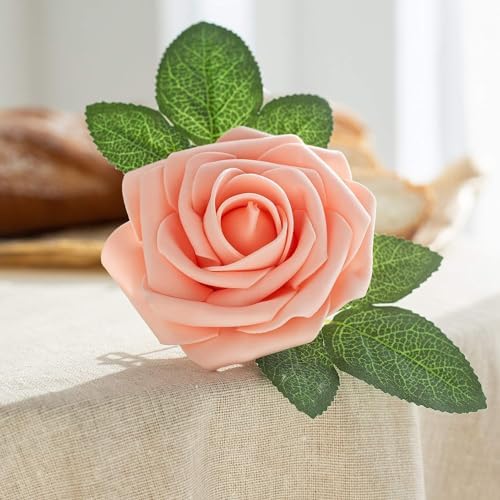 Peach Pink Rose 50pcs Foam Rose Real Looking Fake Rose with Stems Leaves for Home Decoration Party Garden Centerpieces DIY Wedding Bouquets（Peach Pink） - Image 2