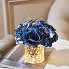 Rose Silk Flower Arrangement Artificial Vivid Rose in Glass Vase with LED Light Elegant Centerpiece for Home Wedding Bathroom Table Shelf Decoration (Navy Blue) - Image 3