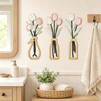 puthiac Wooden Floral Vase Wall Art Decor Set of 3, Spring Tulip & Daisy - Image 2