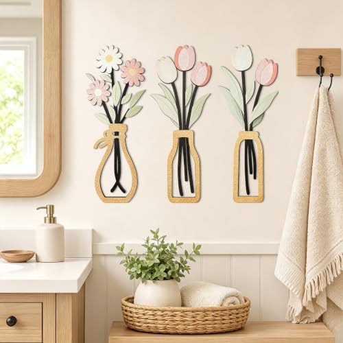 puthiac Wooden Floral Vase Wall Art Decor Set of 3, Spring Tulip & Daisy - Image 2