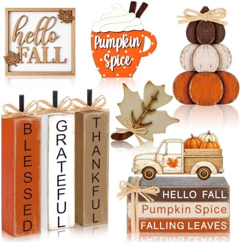11 Pcs Fall Table Decorations Autumn Pumpkin Wooden Decorative Set Featuring Blessings Gratitude and Appreciation Sign for Thanksgiving Various Occasions Family Dining Kitchens Offices by Quzzil