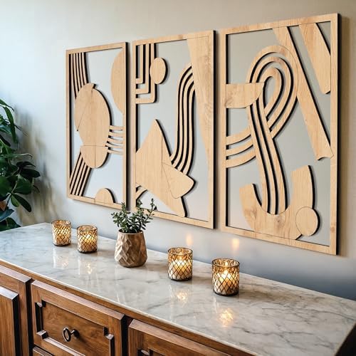 qmmp Modern Wooden Wall Sculptures - Set of 3 - Home Decor Accent - Large Wall Art for Living Room, Bedroom, Office - Easy Installation (Oak, Large - Abstract Shapes) by qmmp