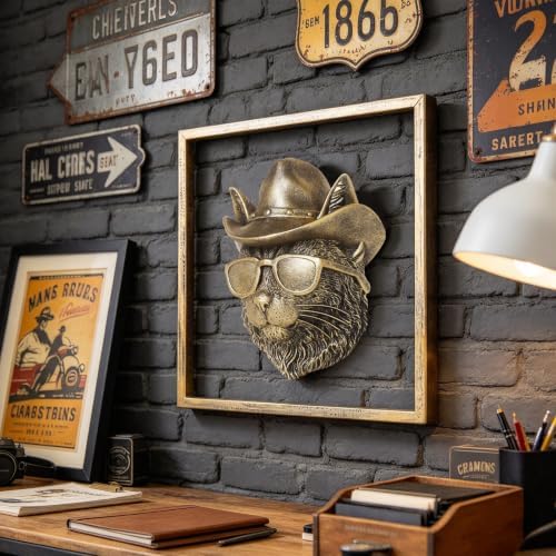 Newinhome Animal Heads Wall Decor (Includes Metal Frame) Resin Animals Sculptures Head Wall Hanging Decoration Gold vintage Wall Sculpture for Living Room Bedroom Office(Bobcat) - Image 4