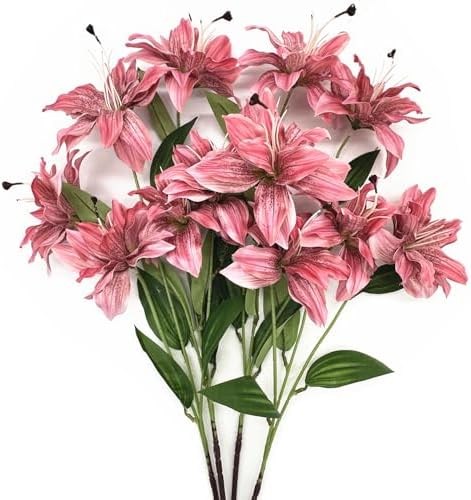 Artificial Lily Flowers, Vintage Silk Flower Long Stems Stargazer Lilies Full Bloom Lily Faux Plant Tiger Bouquets for Home Decor Indoor Hotel Wedding Party Fake Floral Arrangement - Coral Pink 4 Pack by CATTREE