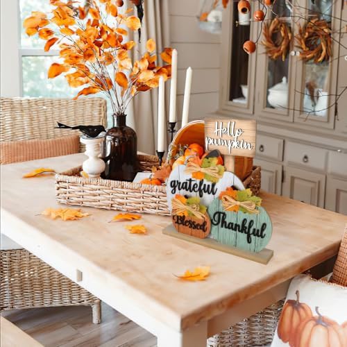 4 Pcs Fall Pumpkin Decor Wooden Table Sign Thankful Blessed Grateful Tabletop for Autumn Farmhouse Vintage Thanksgiving Harvest Party Rustic Home Room Table Shelf Halloween Decorations - Image 5