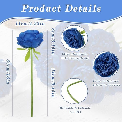 SITUMEIZI 10PCS Artificial Peony Flowers, Real Touch Fake Silk Bouquet with Stems for Home Mothers Day Wedding Party Centerpieces Table Decoration Indoor(Royal Blue) - Image 2