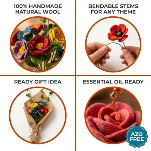 Glaciart One Wool Felt Flowers Set – Handcrafted Artificial Arrangement with Colorful Stems, Eco-Friendly Material, Essential Oil Ready, Reusable Decor, Washable Gift for Events or Home - Image 4