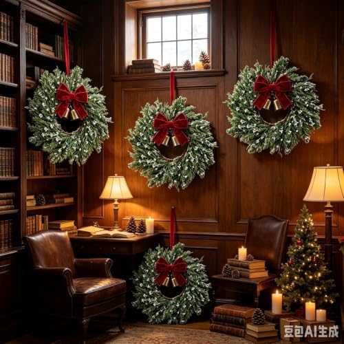 8 Set Christmas Hanging Wreaths Small Snow Flocked Artificial Cedar Wreaths with Red Velvet Ribbon Bronze Bells Mini Faux Greenery Wreath for Front Door Porch Cabinet Window Xmas Holiday Decorations - Image 3