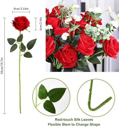 10pcs Red Roses Artificial Flowers Fake Rose Bouquet with Stem Silk Flower - Image 2