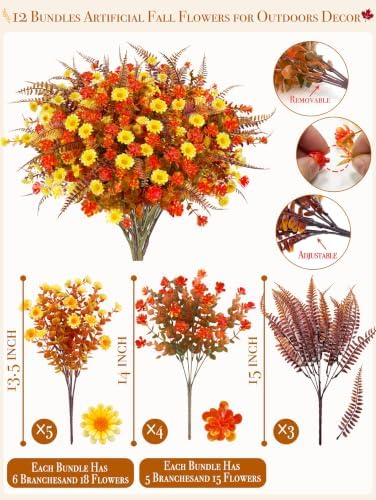 Artificial Fall Flowers for Outdoors Fake Mums, 3 Styles Mixed, 12 Bundles - Image 3