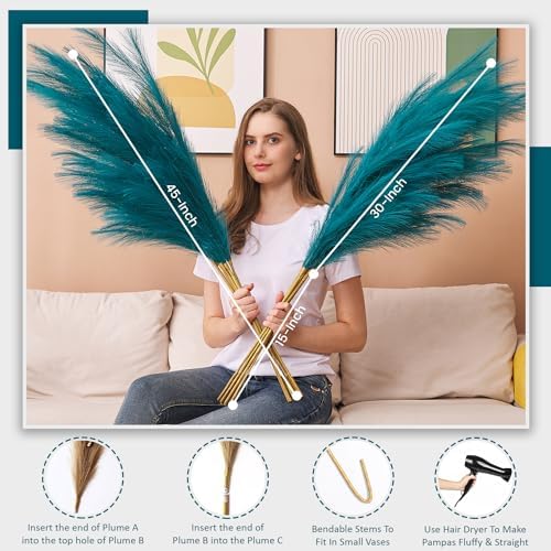 7 Pcs 45" Faux Pampas Grass – Fluffy Artificial Pompous Grass for Tall Floor Vase, Non-Shedding Home Decor, Boho Wedding Flowers, Baby Shower Centerpieces, Bedroom & Living Room Decor (Blue) - Image 6