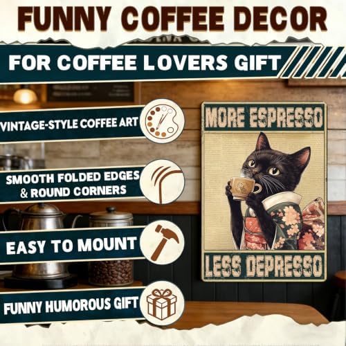Coffee Cat Metal Signs More Espresso Less Depresso Tin Sign Kimono Cat Home Kitchen Wall Decor Bathroom Bedroom Office 12x8 Inch - Image 4