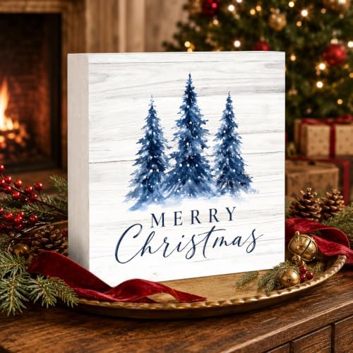 Christmas Decorations Blue Pine Trees Merry Christmas Wood Box Sign - Image 3