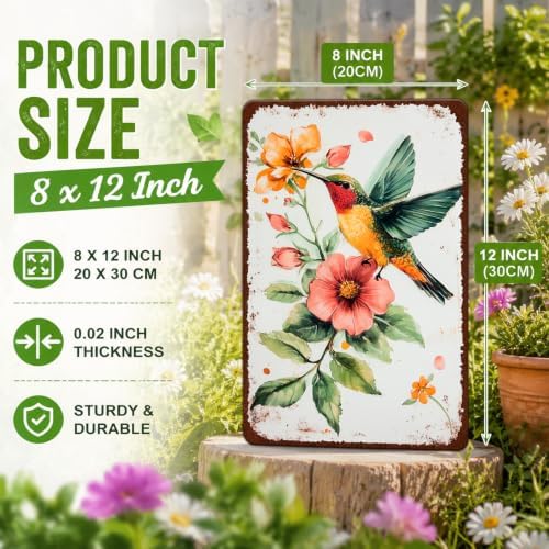 Hummingbird Wall Decor Metal Tin Sign Vintage Hummingbird Floral Wall Art Retro Metal Plaque Farmhouse Country Home Garden Decoration Print Poster Farmhouse Accent Home Decor 8x12 Inch - Image 2