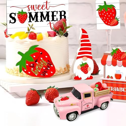 Strawberry Decor Vintage Truck with Mini Fake Strawberries and Wooden Crate - Image 5