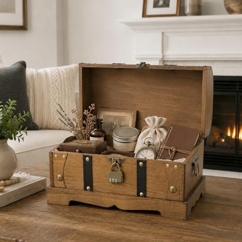 Vintage Wooden Treasure Chest Decorative Box with Lock - 12", Brown - Image 6