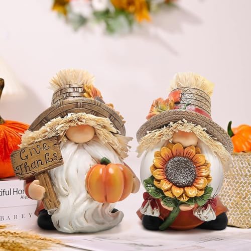 Hodao Fall Decorations for Home - Thanksgiving Gnome Figurines with Sunflower and Pumpkin, Resin Harvest Autumn Decor, Rustic Holiday Accent, for Family, Friends and Housewarming - Image 5