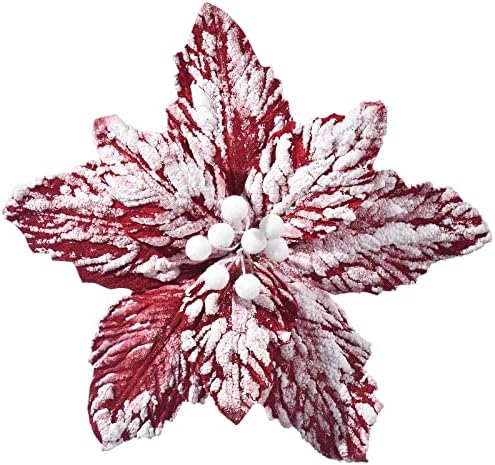 10 PCS Snow Poinsettia Stems, Large 10.6" Christmas Flowers, Red/White - Image 2