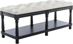 Farmhouse Storage Bench Wooden Entryway Linen Upholstered Ottoman Button Tufted - Image 7