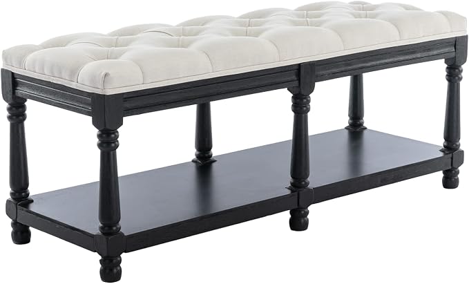 Farmhouse Storage Bench Wooden Entryway Linen Upholstered Ottoman Button Tufted - Image 7