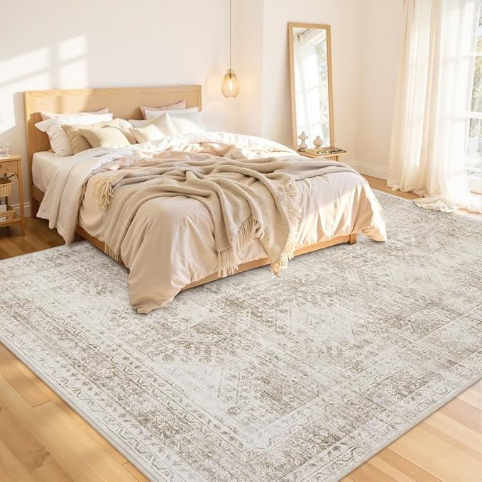 8x10 Area Rugs Living Room: Bedroom Neutral Washable Carpet Brown | Vintage - Image 2