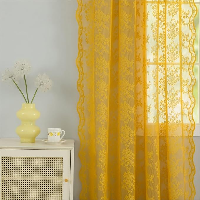 YJ YANJUN Vintage Lace Curtains 96 Inches Long-Victorian Floral Mustard Yellow - Image 3