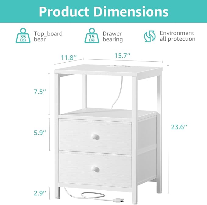BOLUO White Nightstands Set of 2, Bedroom Night Stand Set Two Nightstand - Image 3
