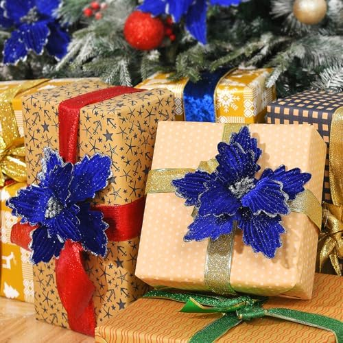 10 PCS Glitter Poinsettias, 8.7" Artificial Christmas Flowers, Royal Blue - Image 4