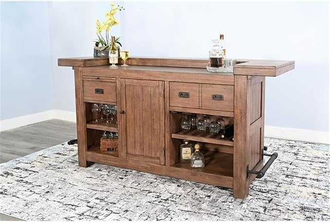 Pemberly Row Set of 3 Natural Brown Wood Bar Unit & 2 Swivel Barstool - Image 5