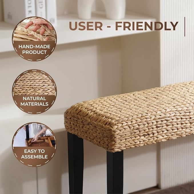 Entryway Bench with Solid Wood Acacia, Water Hyacinth Indoor Bench Seat - Image 7